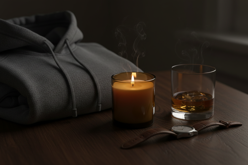 Best Hoodie candle lifestyle shot with hoodie and masculine accents