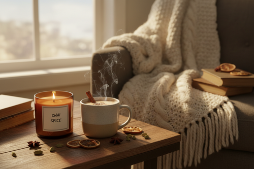 Cozy Morning candle lifestyle shot with chai tea and morning light